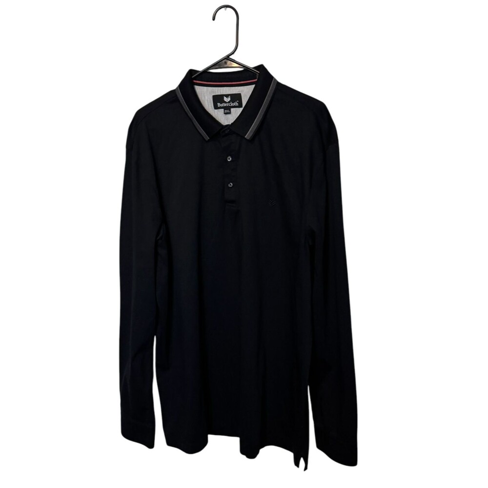 Buttercloth Polo Shirt Mens 2XL XXL Black Long Sleeve Slim Fit Cotton Knit